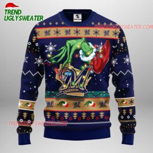 MLB Milwaukee Brewers Grinch Hand Ugly Christmas Sweater 1
