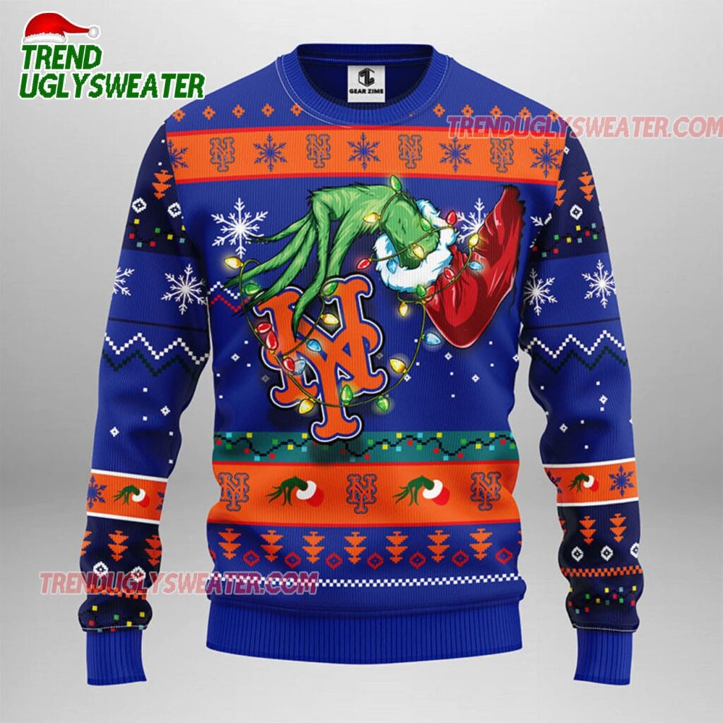 MLB New York Mets Grinch Hand Ugly Christmas Sweater 1
