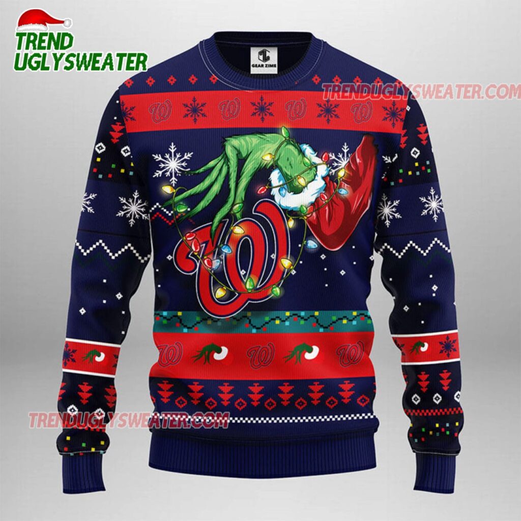 MLB Washington Nationals Grinch Hand Ugly Christmas Sweater 1