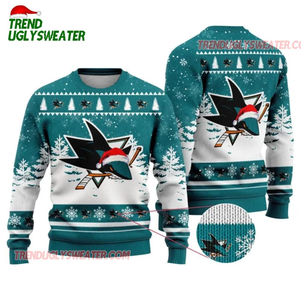 NHL San Jose Sharks Santa Hat On Logo Ugly Christmas Sweater 1