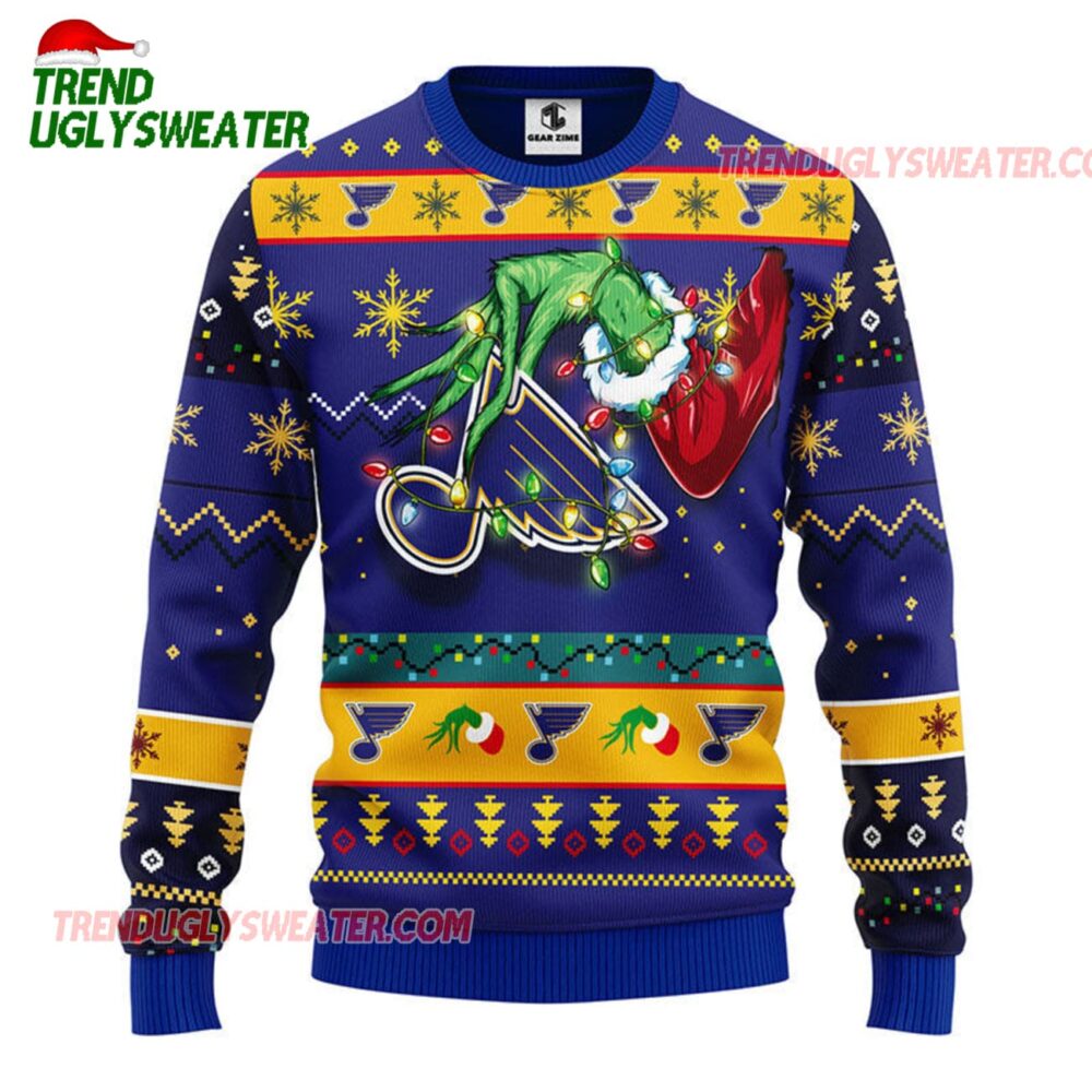 NHL St Louis Blues Grinch Hand Ugly Christmas Sweater 1