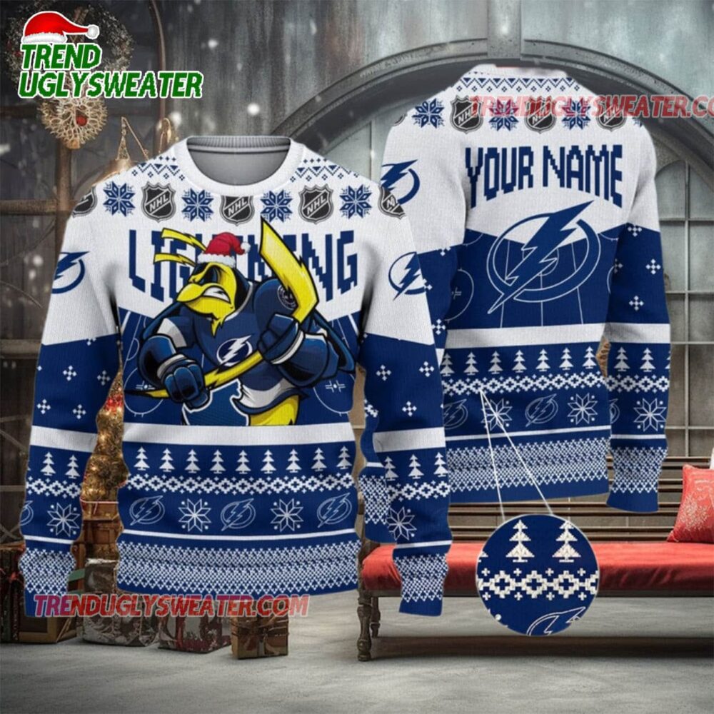 NHL Tampa Bay Lightning Mascot Fiery Skates Ugly Christmas Sweater 1