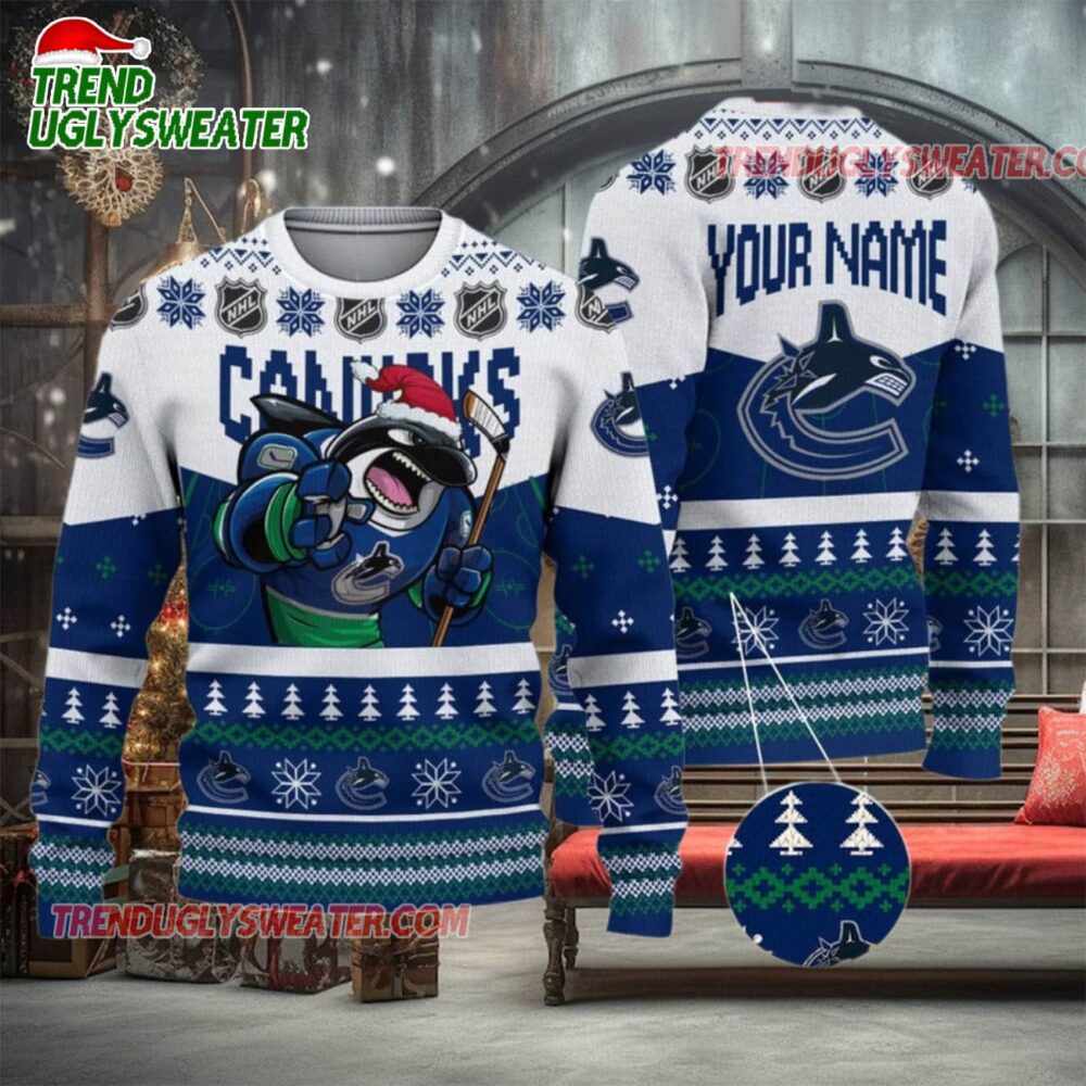 NHL Vancouver Canucks Mascot Fiery Skates Ugly Christmas Sweater 1