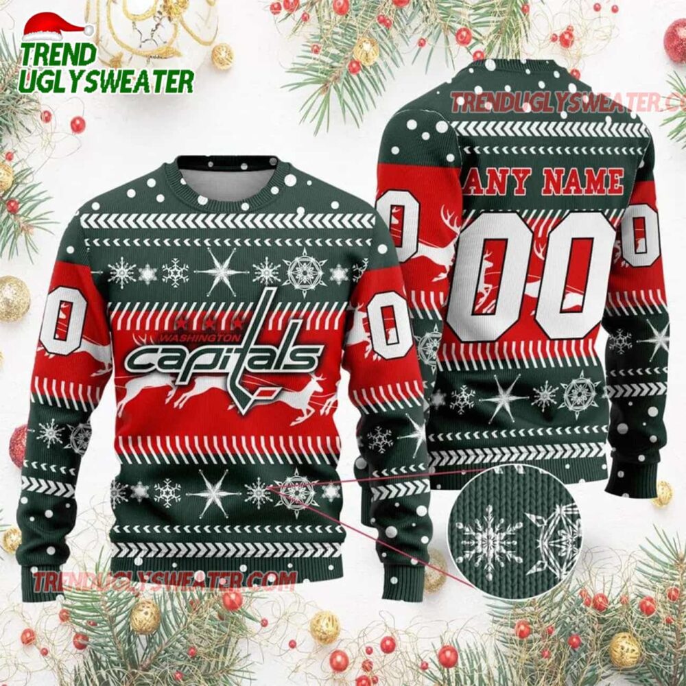 NHL Washington Capitals Reindeer Snowflake Personalized Name Number Ugly Christmas Sweater