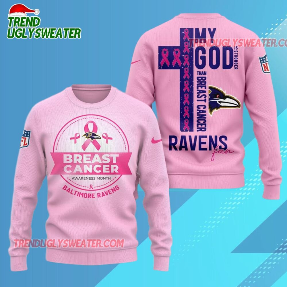 Baltimore Ravens 2025 NFL My God Is Stronger Than Breast Cancer Chritmas Sweater