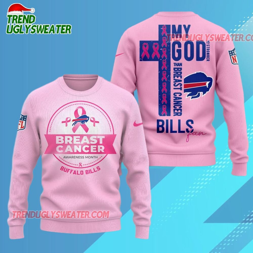 Buffalo Bills 2025 NFL My God Is Stronger Than Breast Cancer Chritmas Sweater