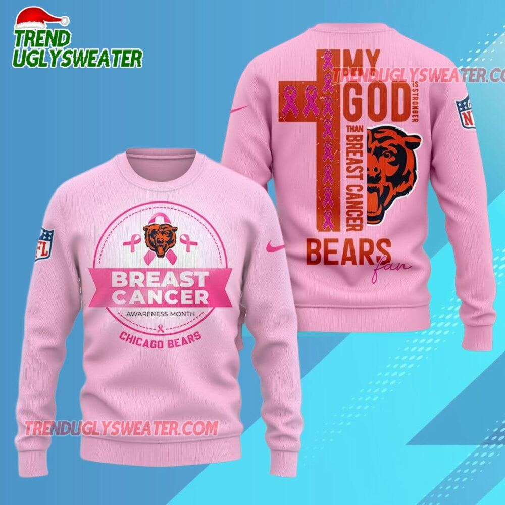 Chicago Bears 2025 NFL My God Is Stronger Than Breast Cancer Chritmas Sweater