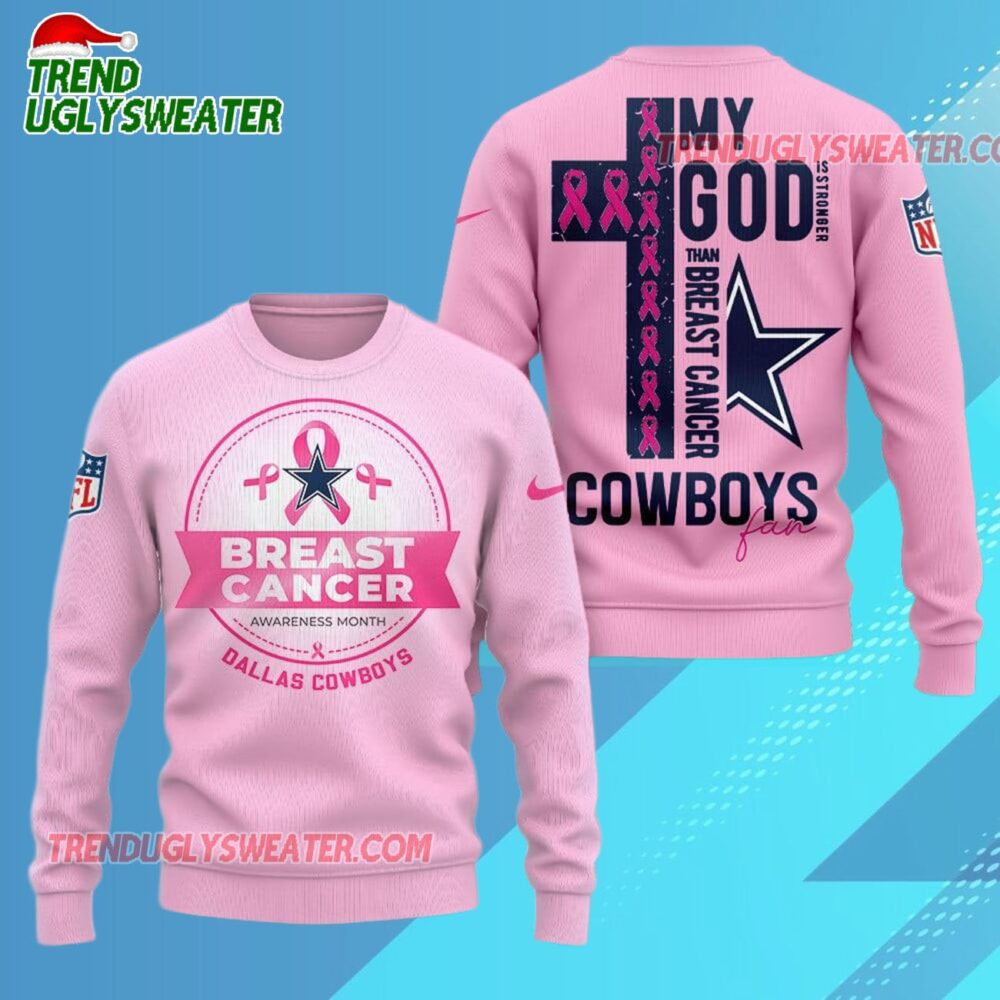Dallas Cowboys 2025 NFL My God Is Stronger Than Breast Cancer Chritmas Sweater