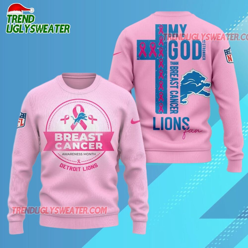 Detroit Lions 2025 NFL My God Is Stronger Than Breast Cancer Chritmas Sweater