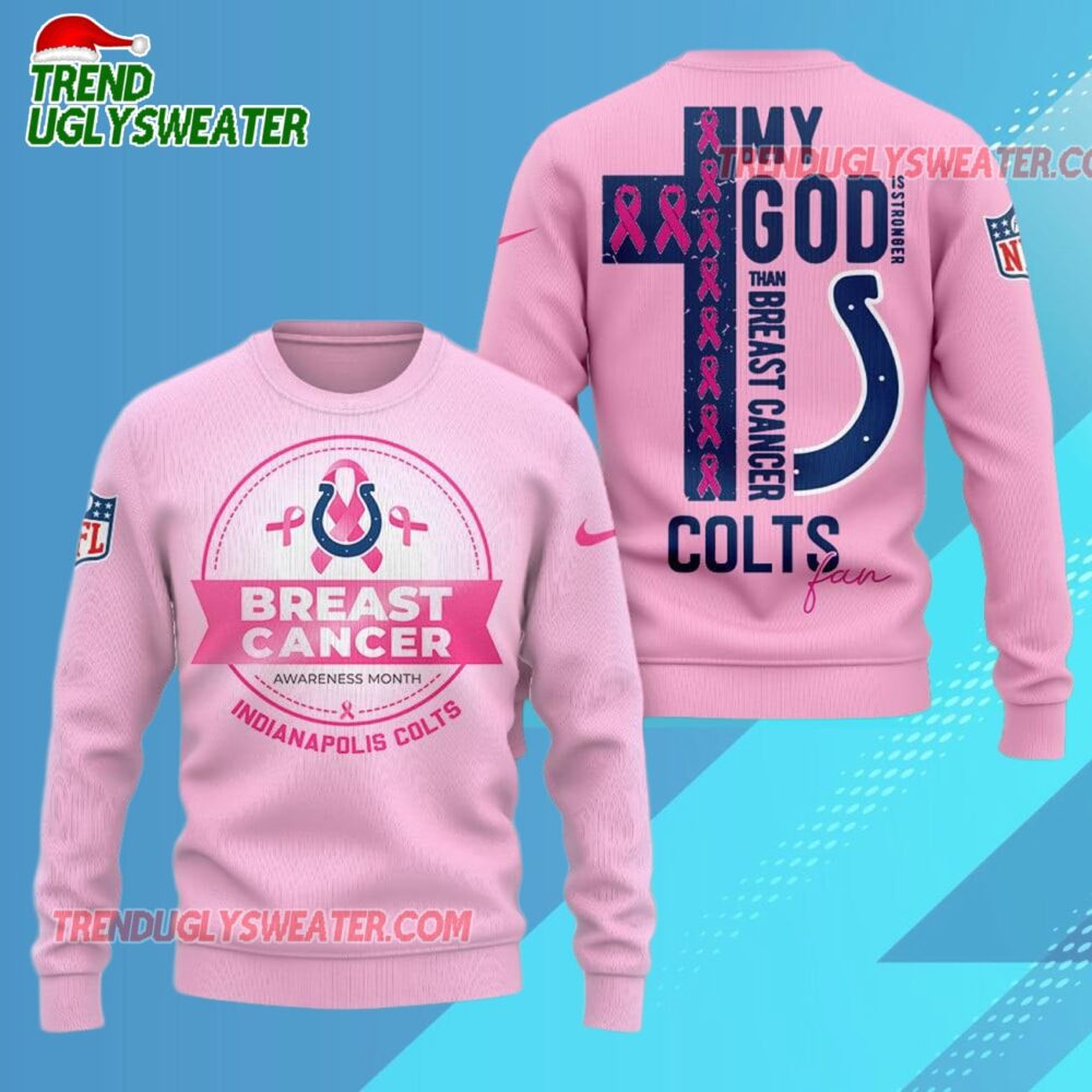 Indianapolis Colts 2025 NFL My God Is Stronger Than Breast Cancer Chritmas Sweater