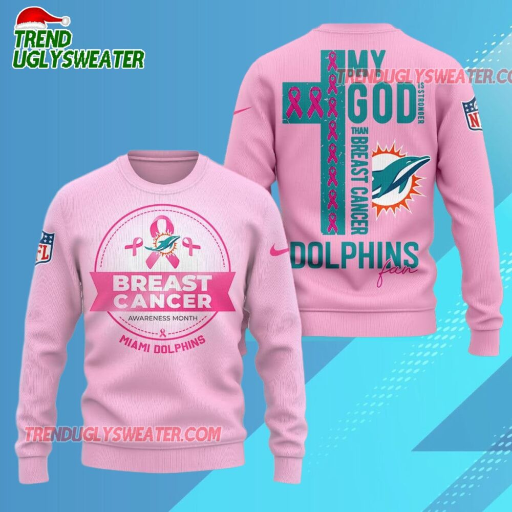 Miami Dolphins 2025 NFL My God Is Stronger Than Breast Cancer Chritmas Sweater