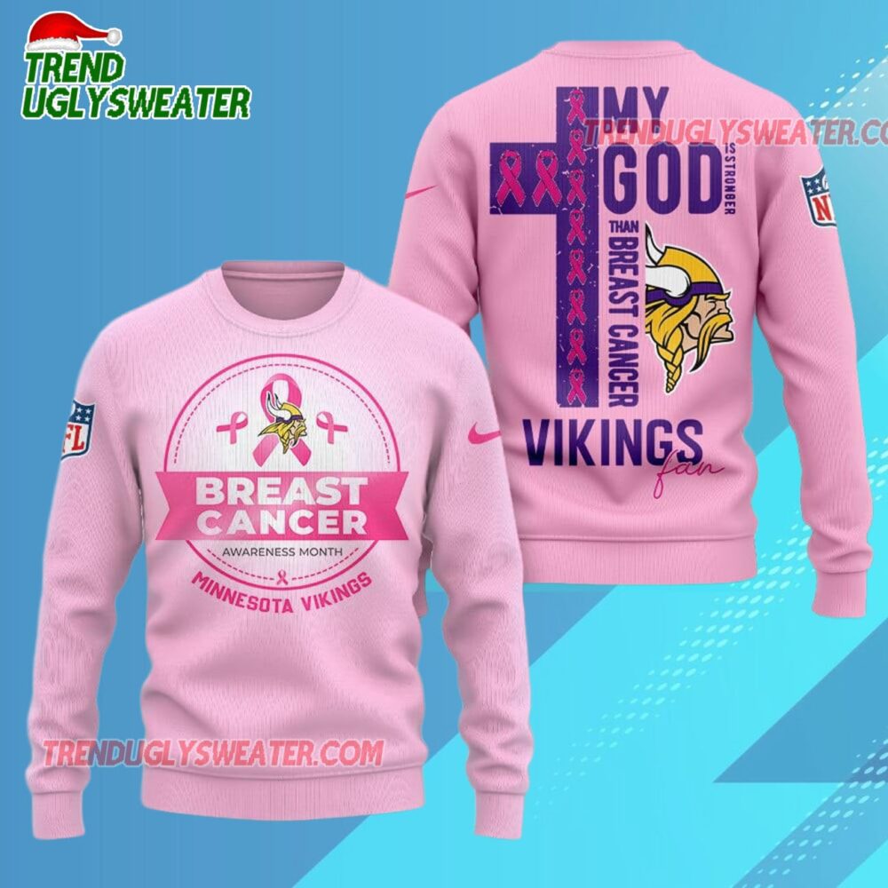 Minnesota Vikings 2025 NFL My God Is Stronger Than Breast Cancer Chritmas Sweater