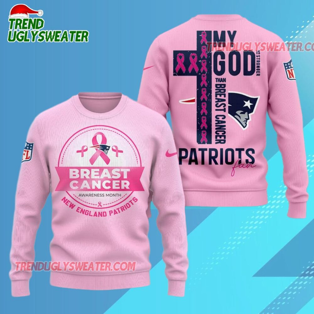 New England Patriots 2025 NFL My God Is Stronger Than Breast Cancer Chritmas Sweater