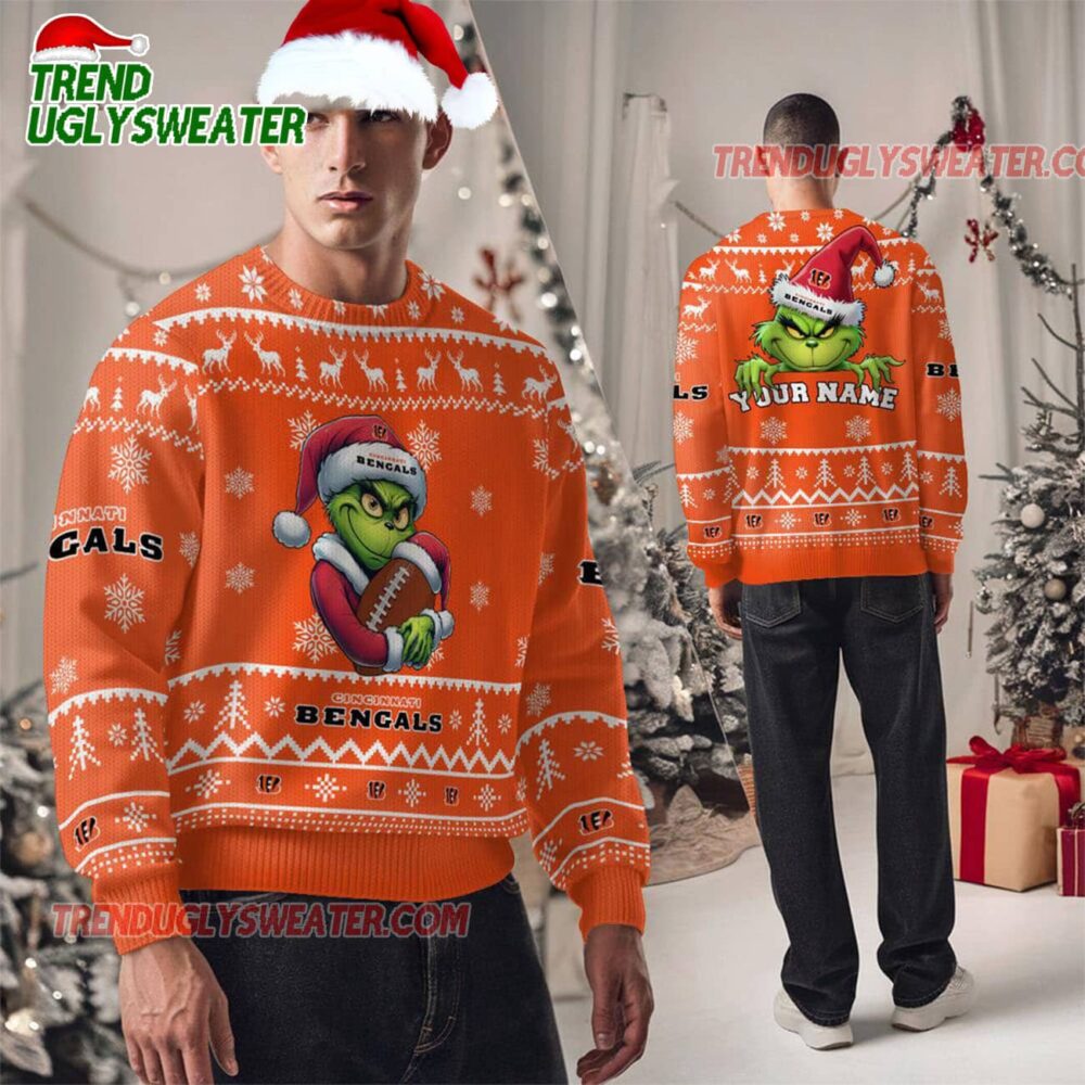 Personalized Cincinnati Bengals NFL Team Color Grinch Ugly Christmas Sweater