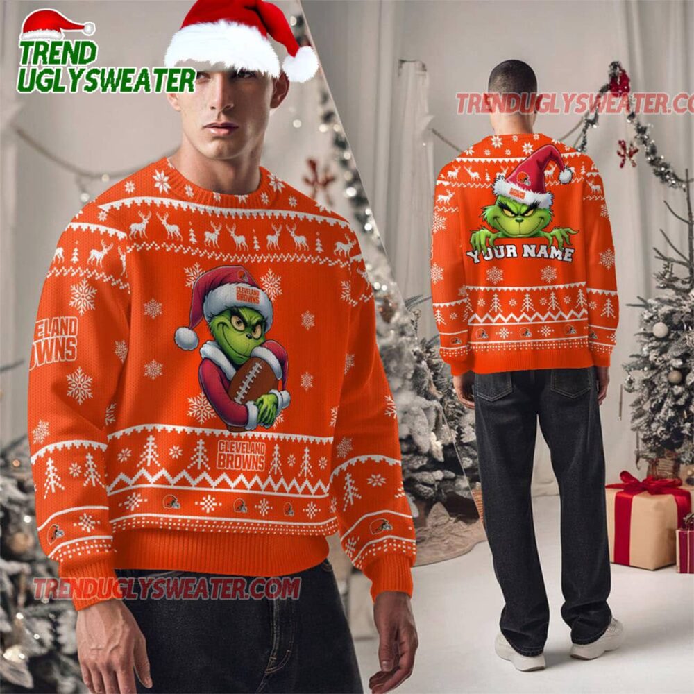 Personalized Cleveland Browns NFL Team Color Grinch Ugly Christmas Sweater