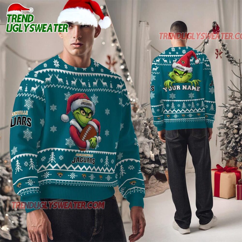 Personalized Jacksonville Jaguars NFL Team Color Grinch Ugly Christmas Sweater
