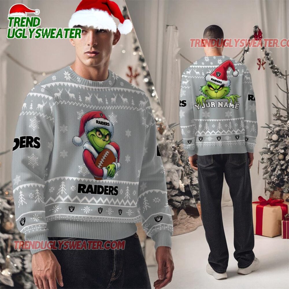 Personalized Las Vegas Raiders NFL Team Color Grinch Ugly Christmas Sweater