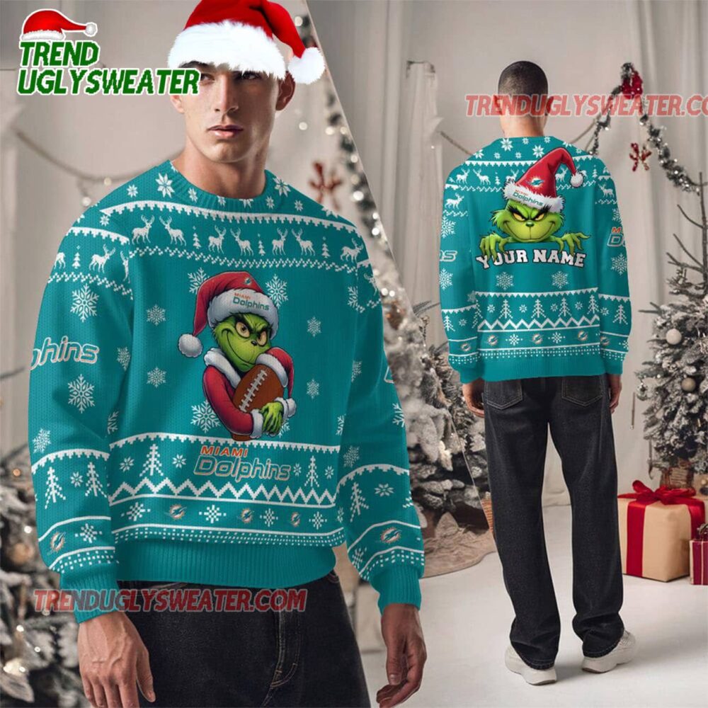 Personalized Miami Dolphins NFL Team Color Grinch Ugly Christmas Sweater
