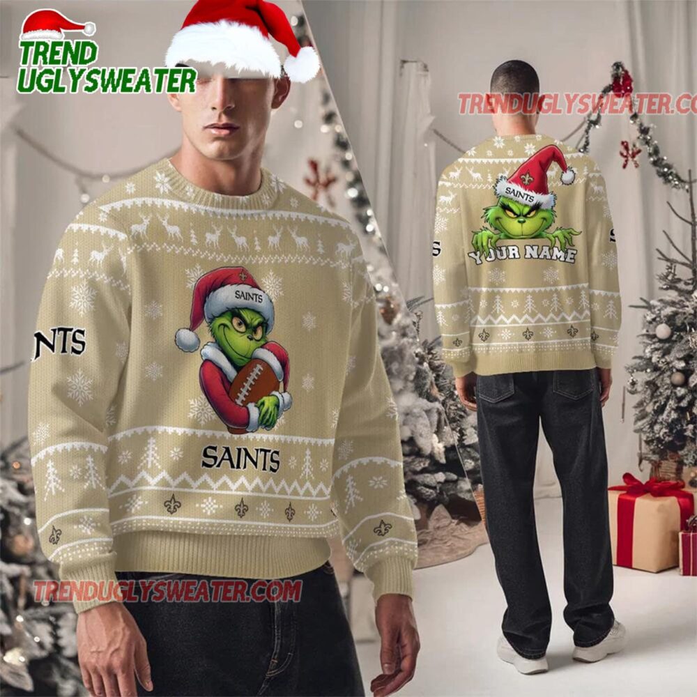 Personalized New Orleans Saints NFL Team Color Grinch Ugly Christmas Sweater