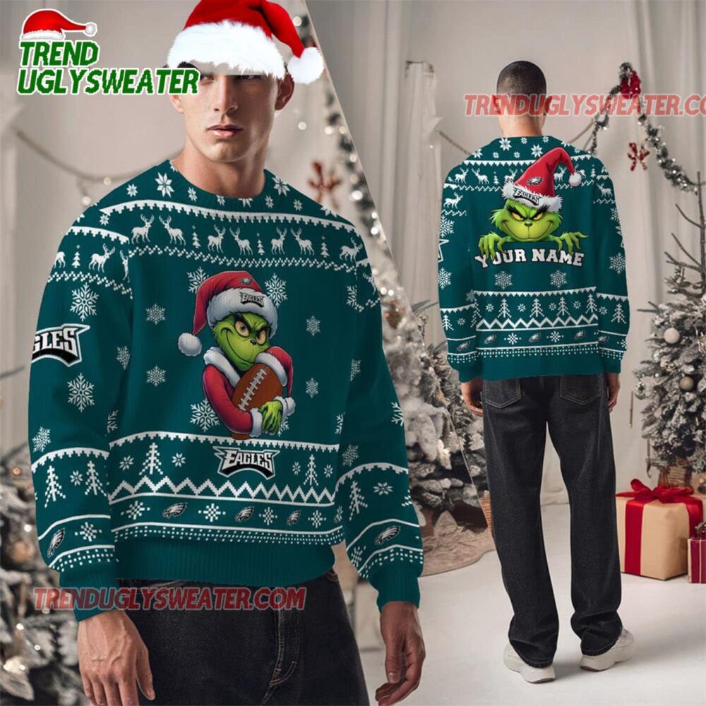 Personalized Philadelphia Eagles NFL Team Color Grinch Ugly Christmas Sweater