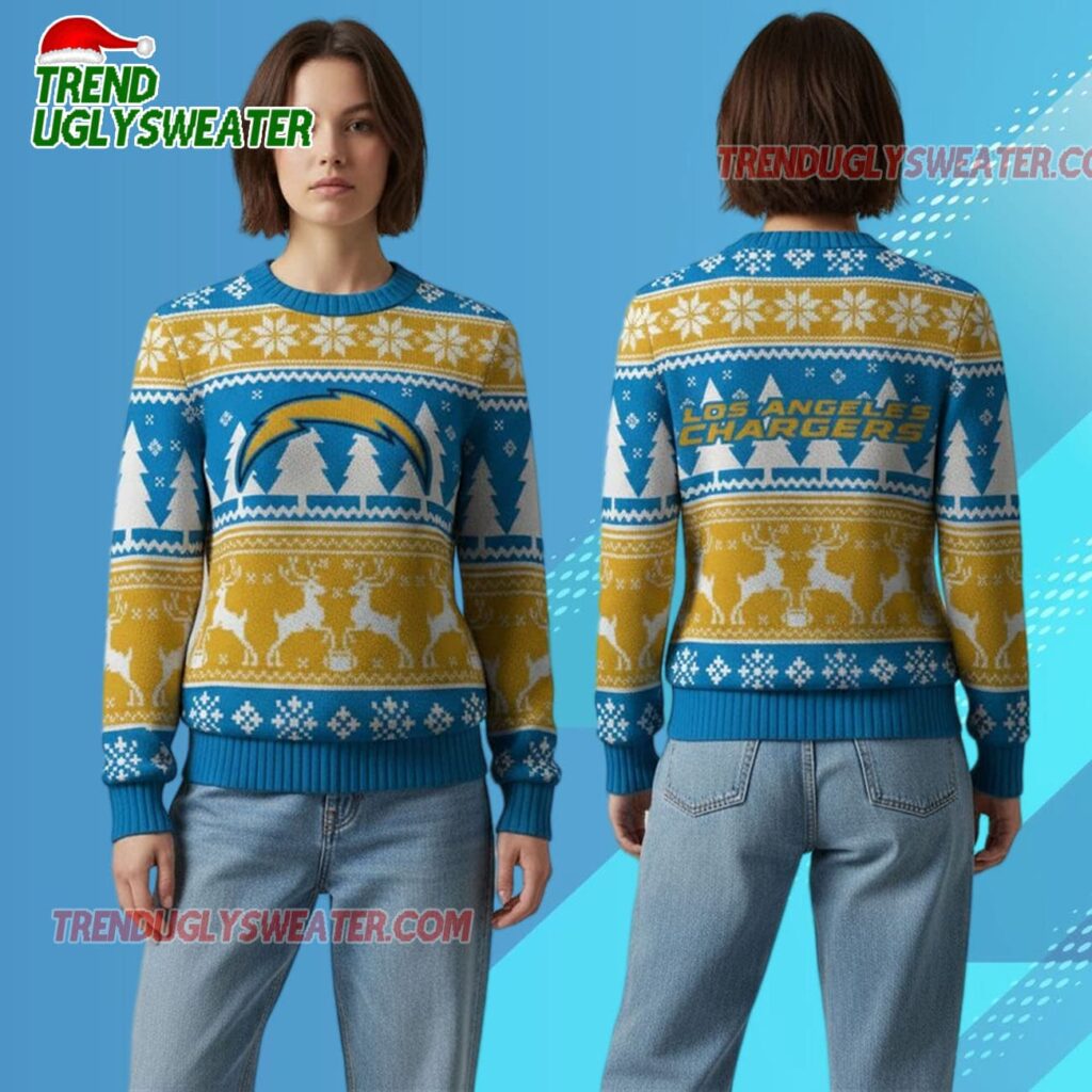 Nfl 2025 Chargers Reindeer Football Christmas Ugly Sweater 1 2025 Chargers Reindeer Football Christmas Ugly Sweater 2