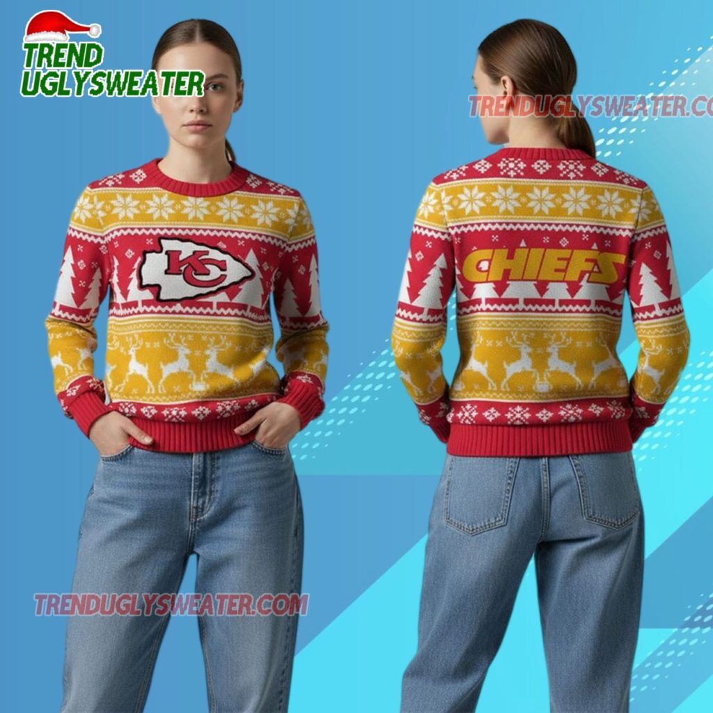Nfl 2025 Chiefs Reindeer Football Christmas Ugly Sweater 1 2025 Chiefs Reindeer Football Christmas Ugly Sweater 2