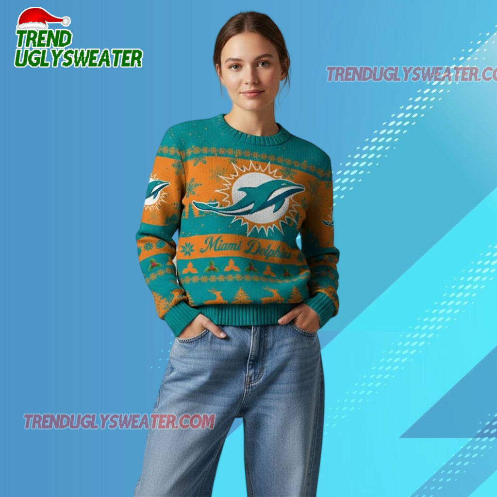 2025 Christmas Dolphins Festive Reindeer Tree Ugly Sweater 2