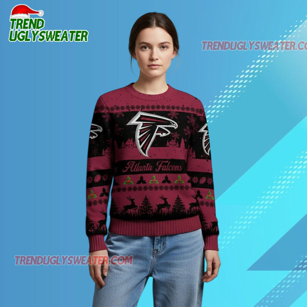 Nfl 2025 Christmas Falcons Festive Reindeer Tree Ugly Sweater 1 2025 Christmas Falcons Festive Reindeer Tree Ugly Sweater 2