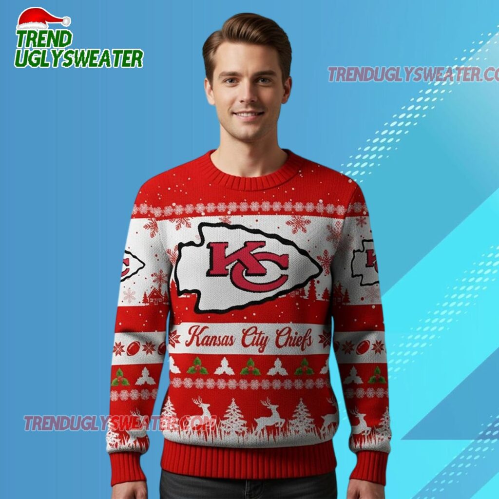 Nfl 2025 Christmas Kc Chiefs Festive Reindeer Tree Ugly Sweater 1 2025 Christmas Kc Chiefs Festive Reindeer Tree Ugly Sweater 2