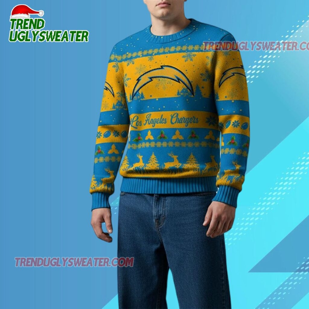 Nfl 2025 Christmas La Chargers Festive Reindeer Tree Ugly Sweater 1 2025 Christmas La Chargers Festive Reindeer Tree Ugly Sweater 2