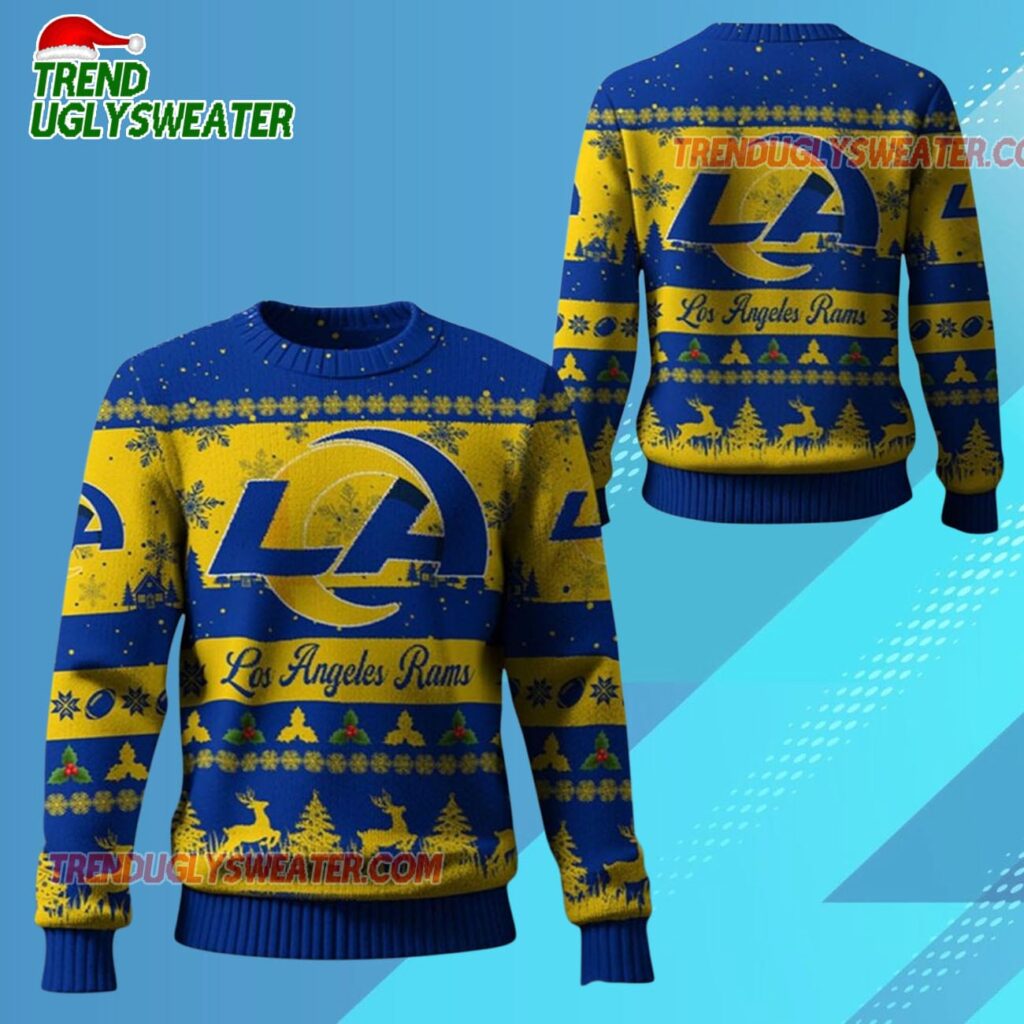 2025 Christmas La Rams Festive Reindeer Tree Ugly Sweater 1