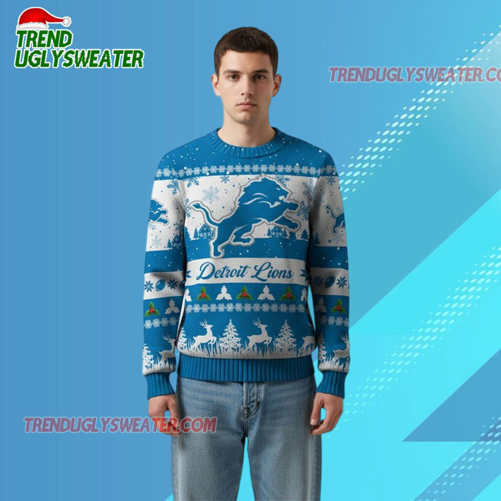 Nfl 2025 Christmas Lions Festive Reindeer Tree Ugly Sweater 1 2025 Christmas Lions Festive Reindeer Tree Ugly Sweater 2