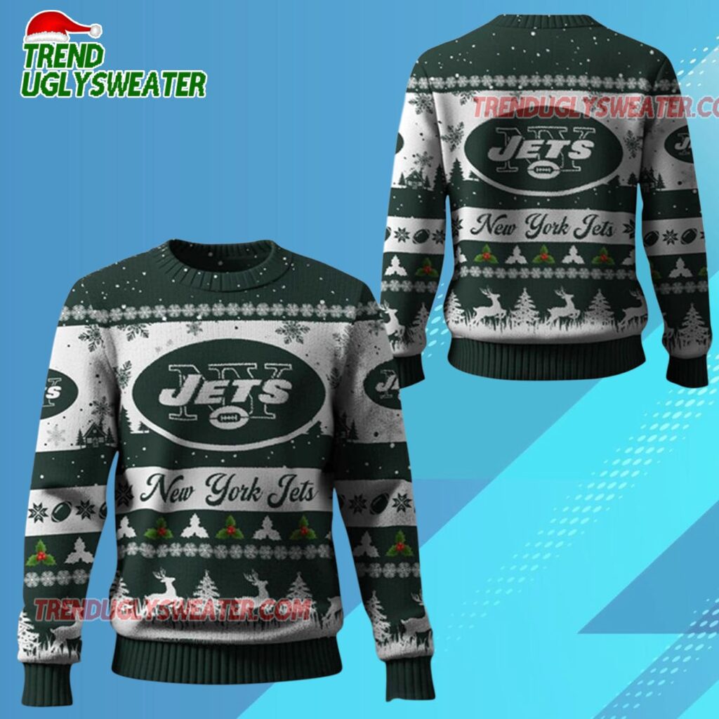 2025 Christmas Ny Jets Festive Reindeer Tree Ugly Sweater 1