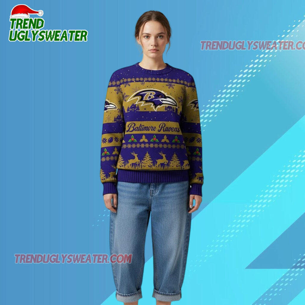 2025 Christmas Ravens Festive Reindeer Tree Ugly Sweater 2