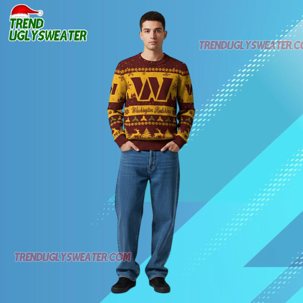 2025 Christmas Redskins Festive Reindeer Tree Ugly Sweater 2