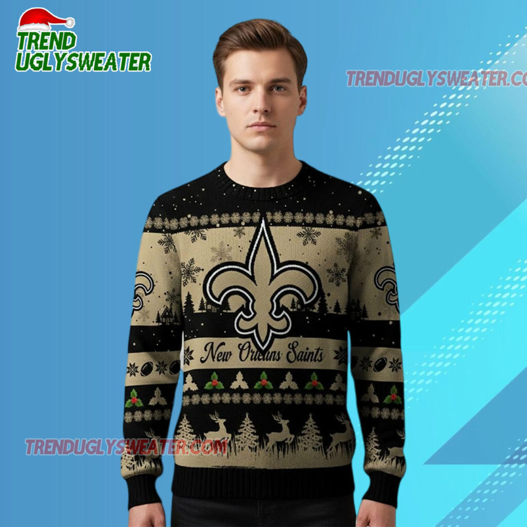 2025 Christmas Saints Festive Reindeer Tree Ugly Sweater 2