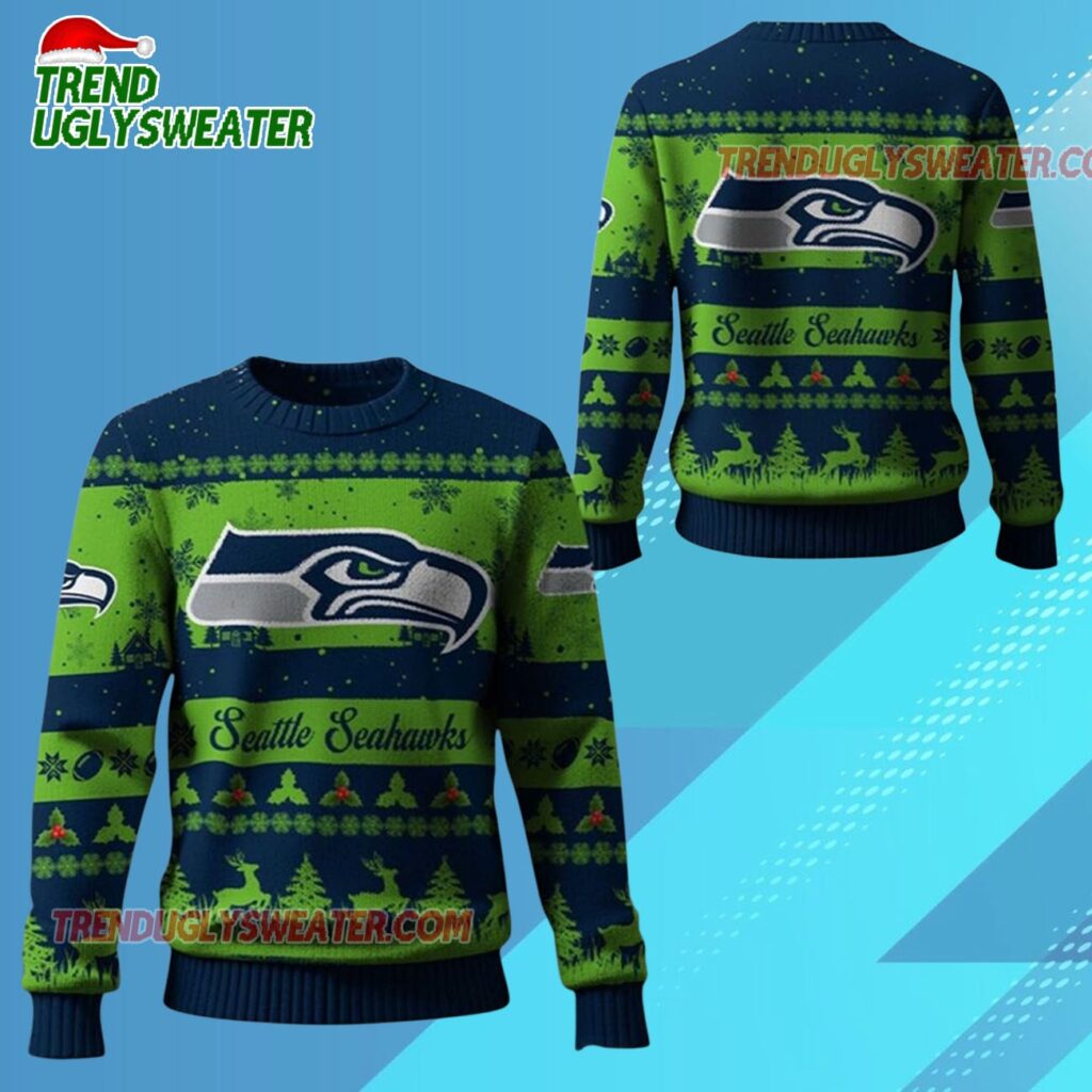 2025 Christmas Seahawks Festive Reindeer Tree Ugly Sweater 1