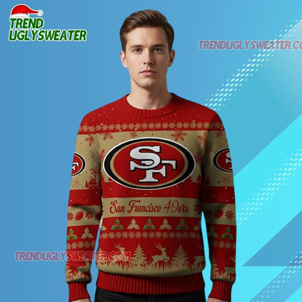 2025 Christmas Sf 49ers Festive Reindeer Tree Ugly Sweater 2