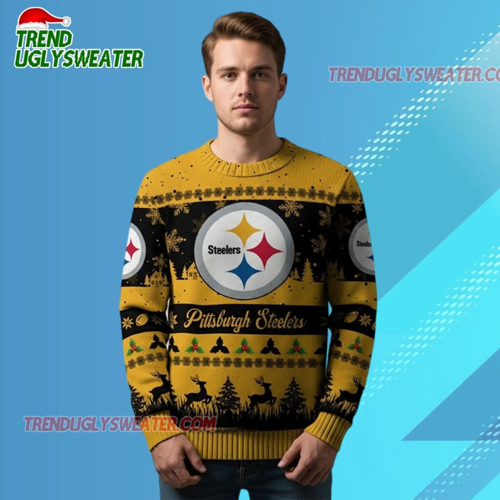 2025 Christmas Steelers Festive Reindeer Tree Ugly Sweater 2