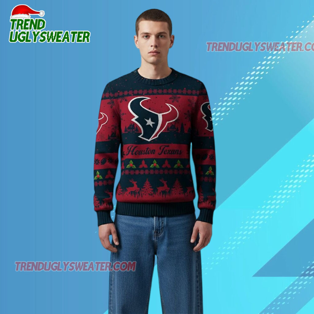 2025 Christmas Texans Festive Reindeer Tree Ugly Sweater 2