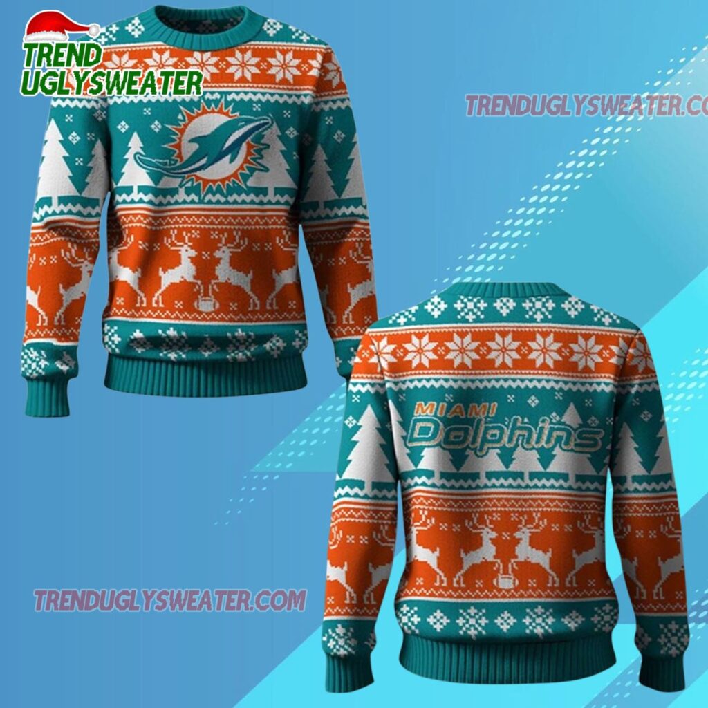 2025 Dolphins Reindeer Football Christmas Ugly Sweater 1