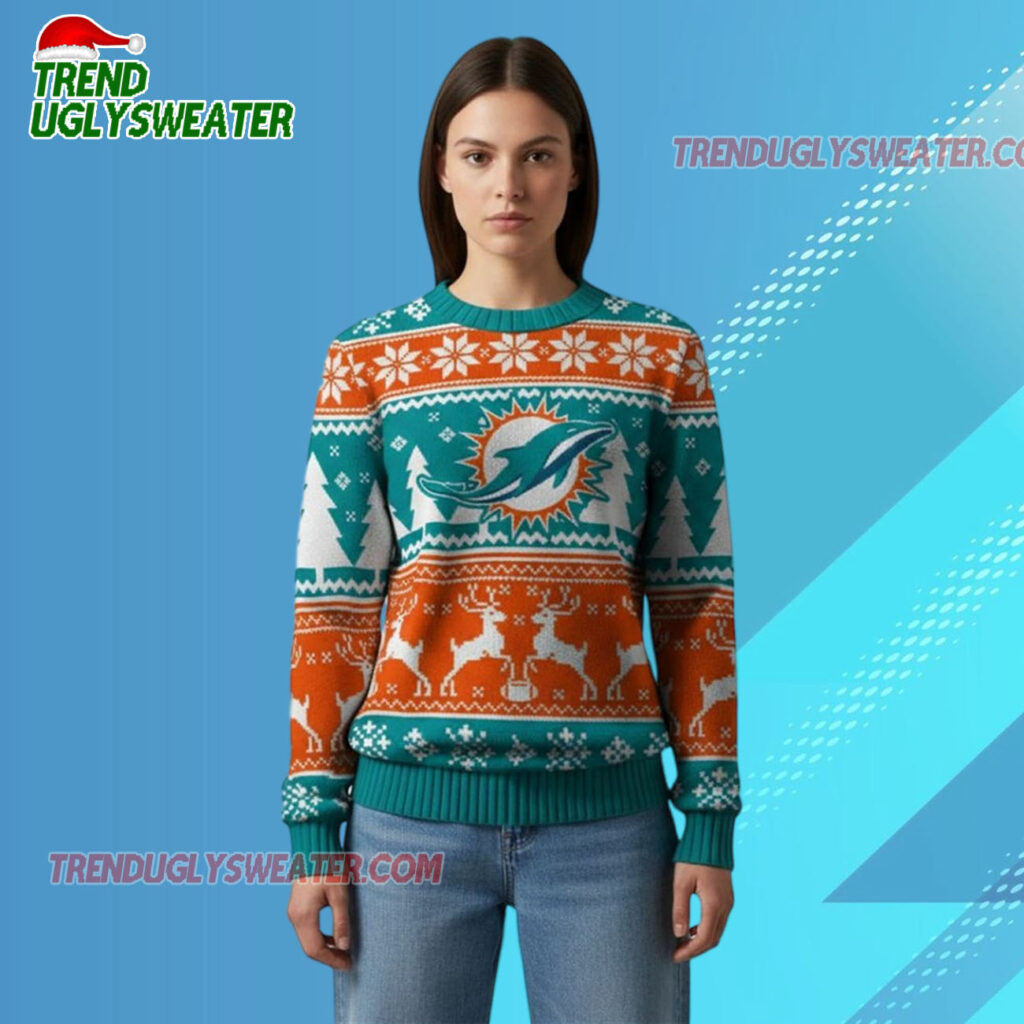 2025 Dolphins Reindeer Football Christmas Ugly Sweater 2