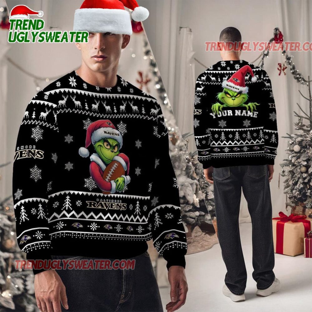 Baltimore Ravens 2025 Nfl Grinch Football Personalized Ugly Christmas Sweater