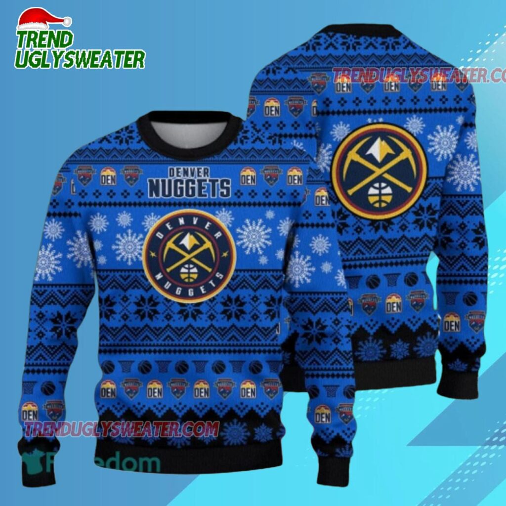 Denver Nuggets Snowfall Hoops Ugly Christmas Sweater 1