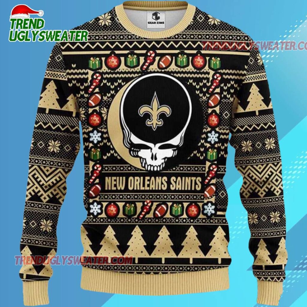 Grateful Dead X Nfl New Orleans Saints Stealie Logo Ugly Christmas Sweater 1 Grateful Dead X Nfl New Orleans Saints Stealie Logo Ugly Christmas Sweater 2