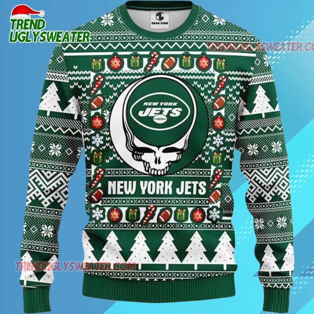 Grateful Dead X Nfl New York Jets Stealie Logo Ugly Christmas Sweater 1