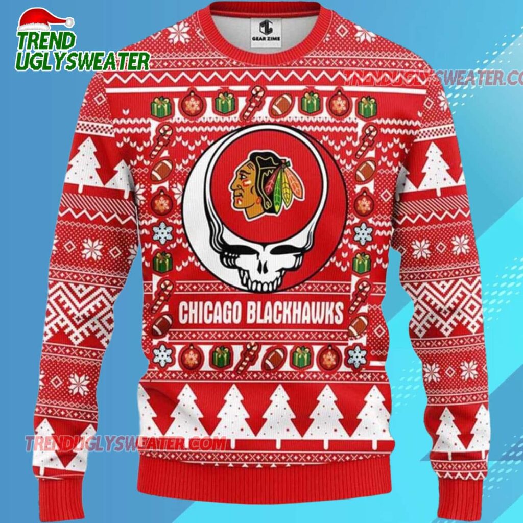 Grateful Dead X Nhl Chicago Blackhawks Stealie Logo Ugly Christmas Sweater 2