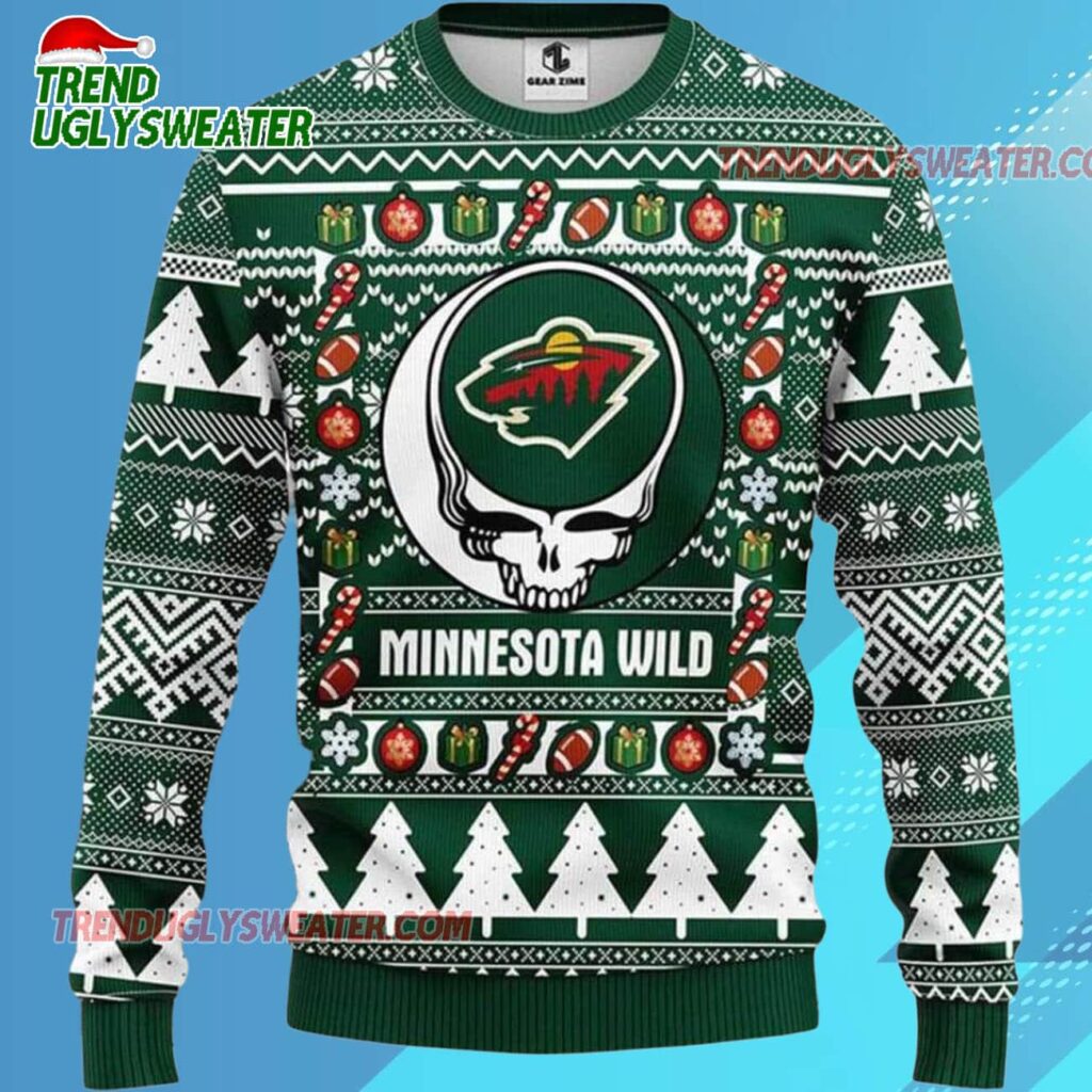 Grateful Dead X Nhl Minnesota Wild Stealie Logo Ugly Christmas Sweater 1