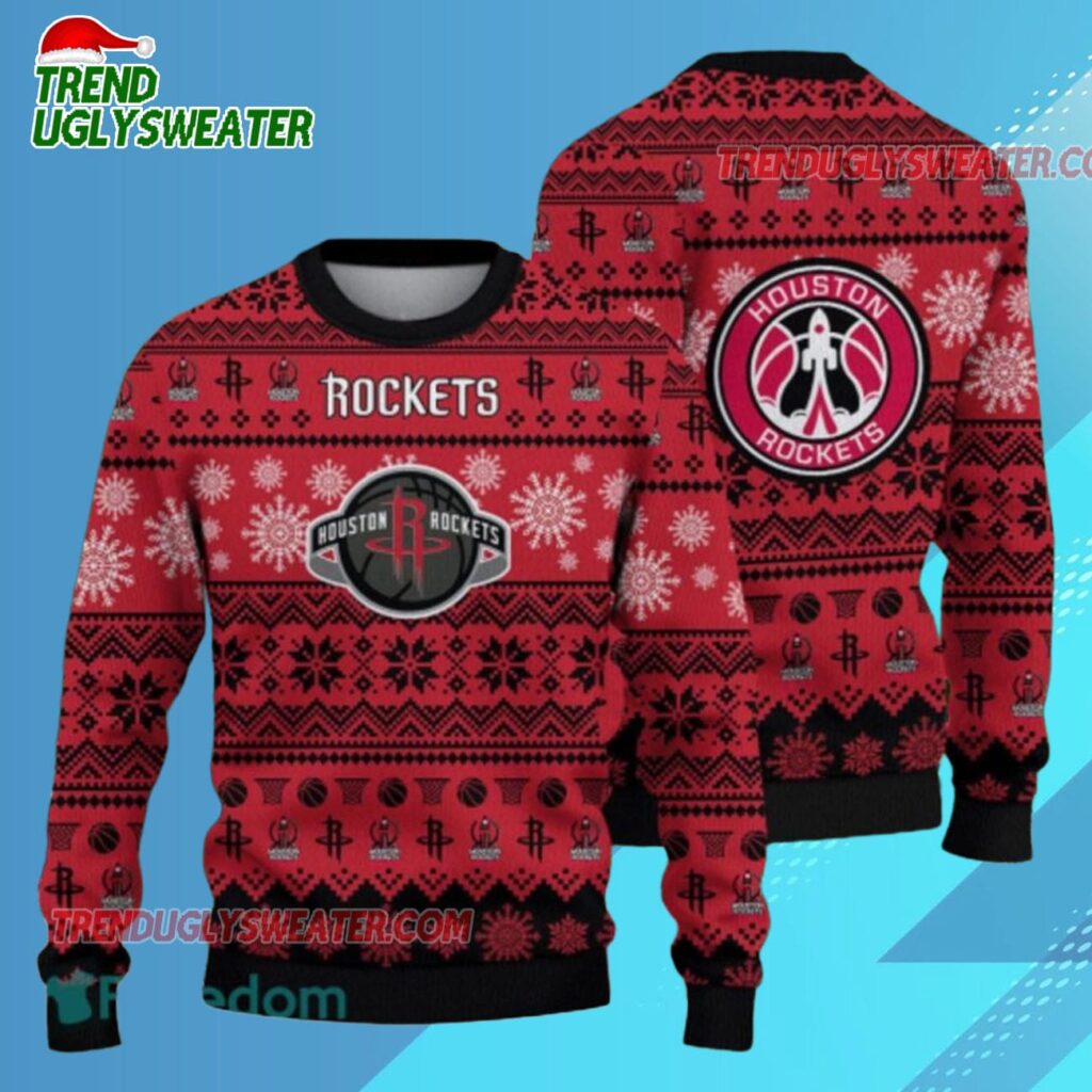 Houston Rockets Snowy Basketball Slam Ugly Christmas Sweater 1