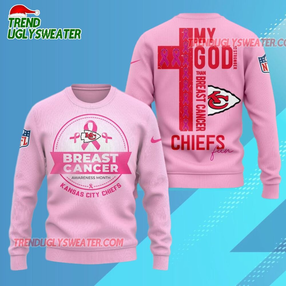 Kansas City Chiefs 2025 Nfl My God Is Stronger Than Breast Cancer Chritmas Sweater